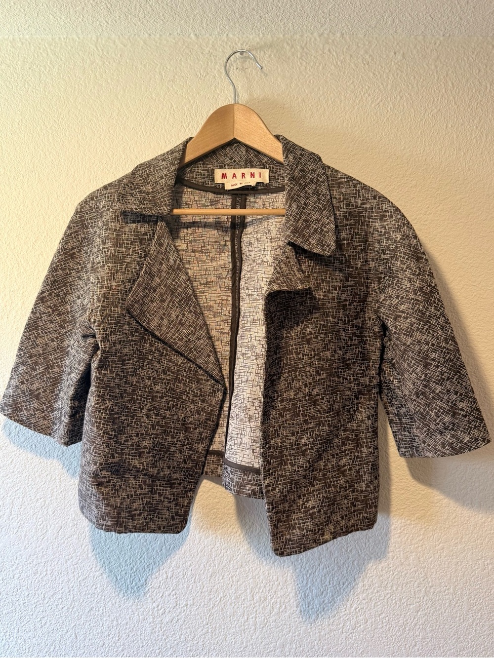 MARNI Brown and White Patterned Half Sleeve Cropped Blazer